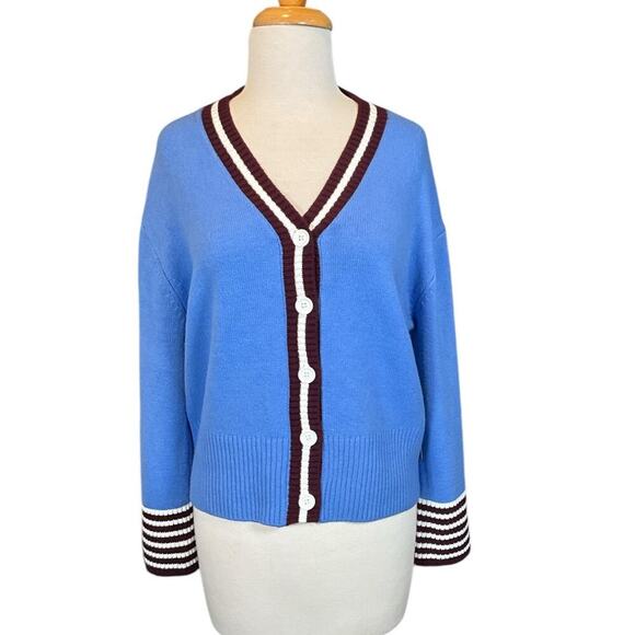 NWT French Connection Preppy Blue, White, Maroon Cardigan Medium Button Down 90s - Picture 6 of 10